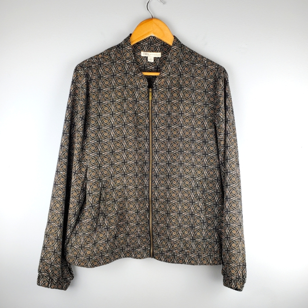 CATO Black Arabesque Patterned Zipper Blazer w/pockets, Size Large
